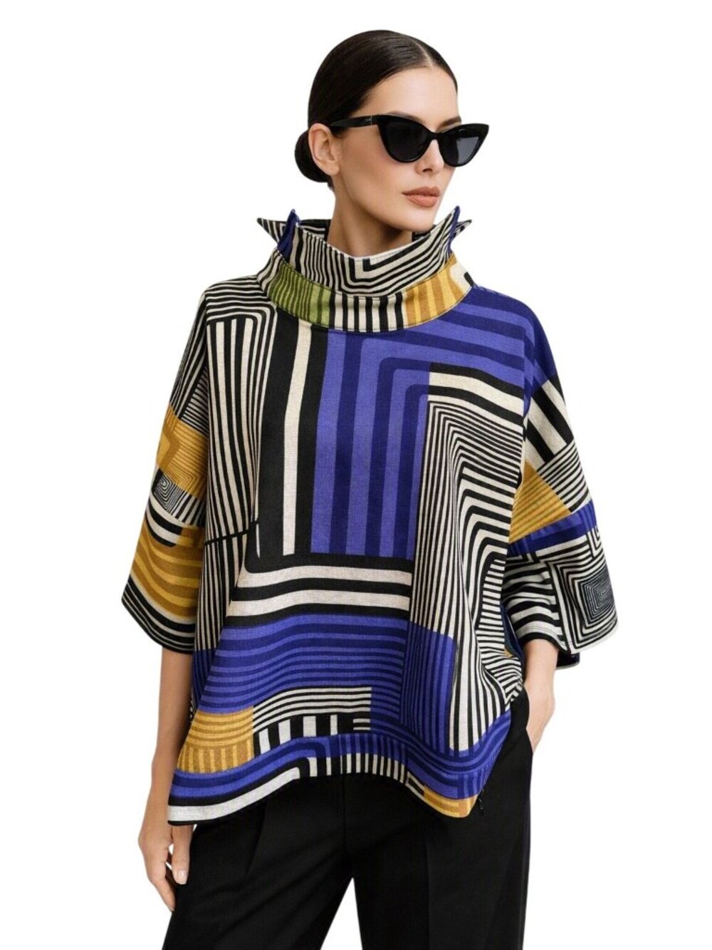 Kozan Geometric Print High Funnel Neck Poncho Top Women L Multicolor Modern Art
